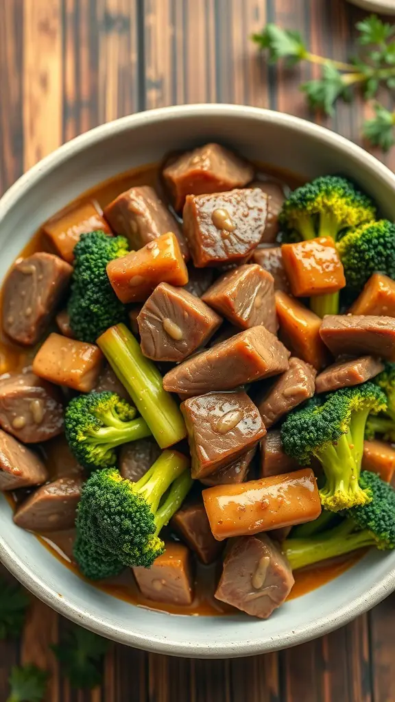A bowl of creamy beef and broccoli with chunks of beef and bright green broccoli in a savory sauce.