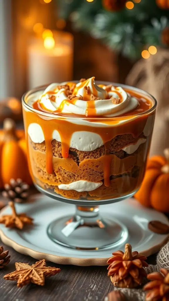 A pumpkin spice trifle with layers of pumpkin cake, whipped cream, and caramel, surrounded by autumn decorations.