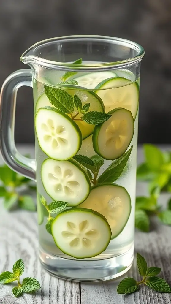 A pitcher of cucumber mint detox water with sliced cucumbers and fresh mint leaves.
