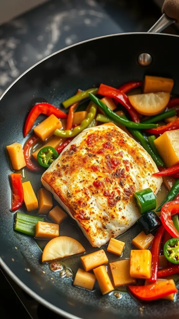 A delicious tilapia stir-fry with colorful vegetables in a frying pan.