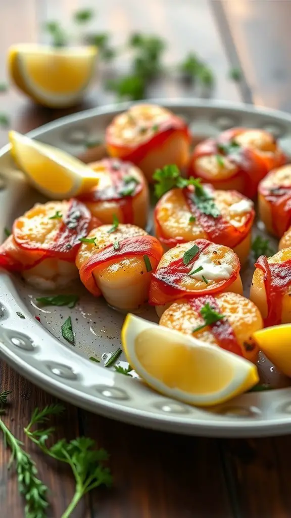 A plate of bacon-wrapped scallops garnished with lemon wedges and herbs.