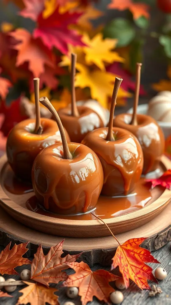 Maple glazed caramel apples on a wooden plate surrounded by autumn leaves.