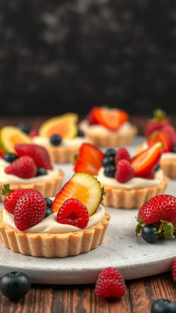 A plate of petite fruit tarts topped with fresh strawberries, raspberries, and blueberries.