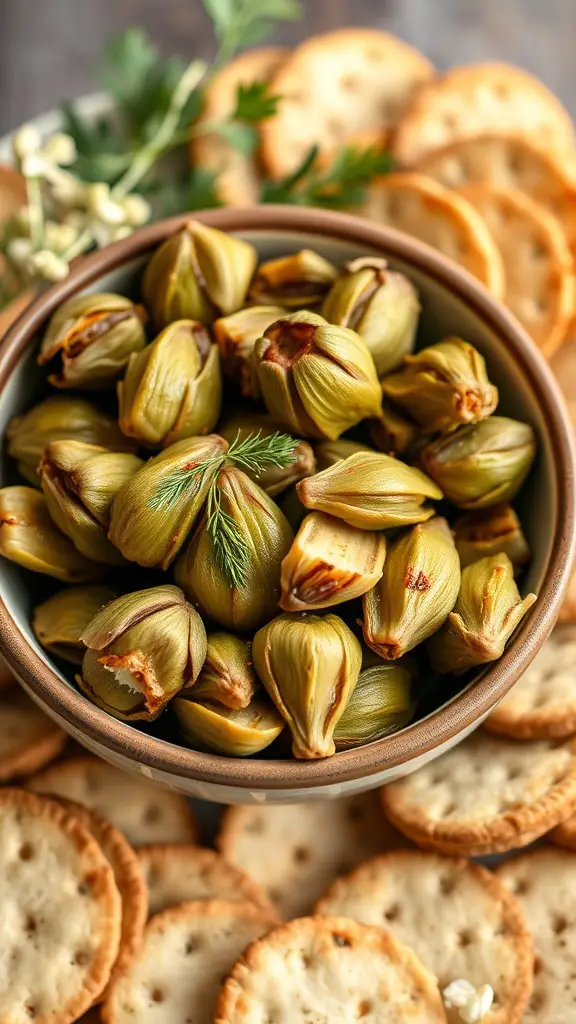 A bowl of marinated artichoke hearts surrounded by crackers