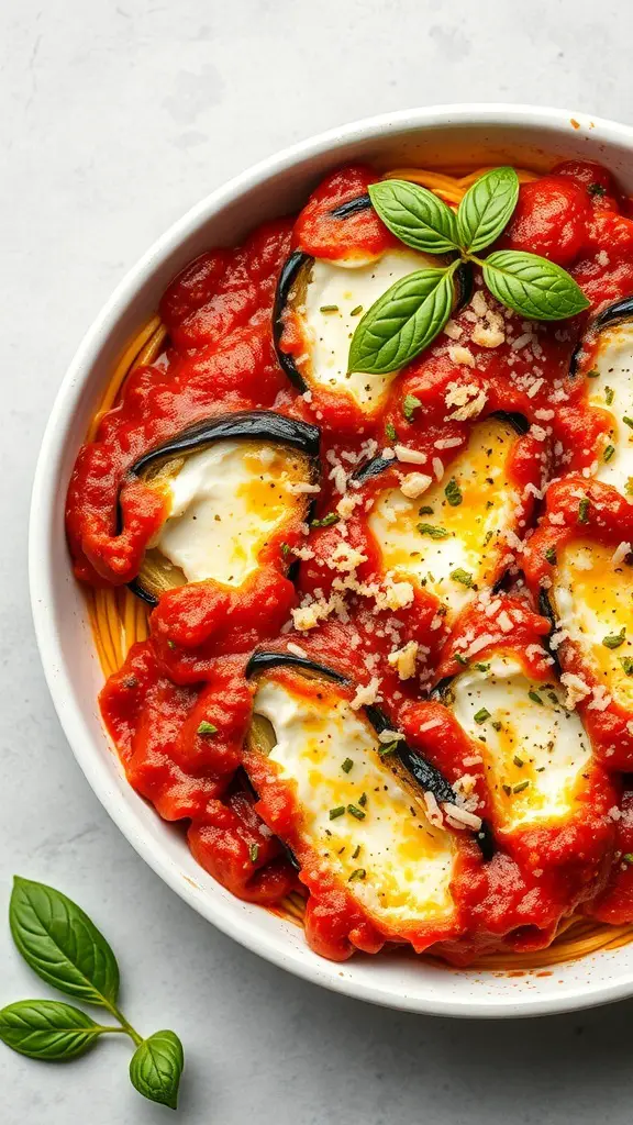 Baked pasta with eggplant and ricotta topped with tomato sauce and fresh basil