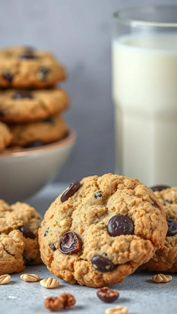 Chewy oatmeal raisin cookies with chocolate chips and a glass of milk