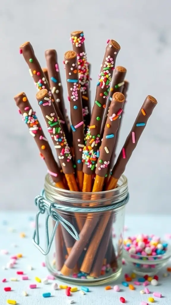 A jar filled with chocolate-dipped pretzel rods decorated with colorful sprinkles.