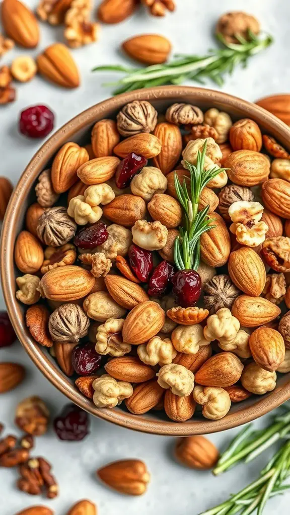 A bowl of spiced nut mix with almonds, walnuts, popcorn, and dried cranberries, garnished with rosemary.