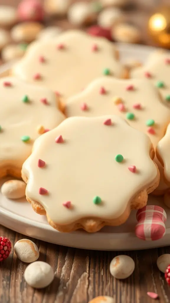 Decorated white chocolate macadamia nut cookies with colorful sprinkles on a wooden table.