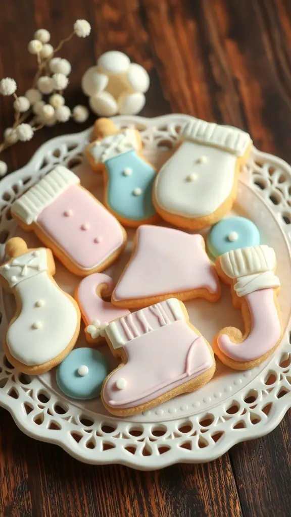 A plate of decorated sugar cookies shaped like baby items, including socks and bottles, in pastel colors.