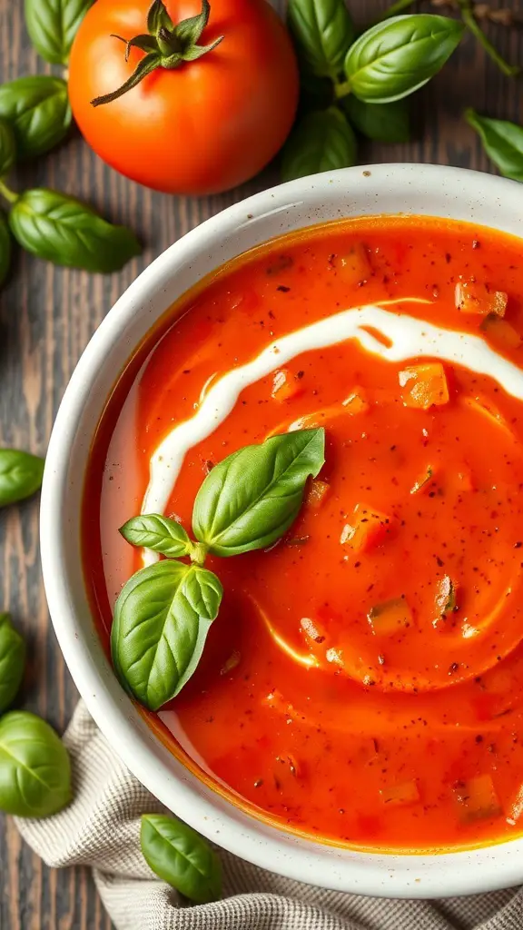 A bowl of tomato and basil soup garnished with fresh basil leaves, surrounded by tomatoes and basil on a wooden table.