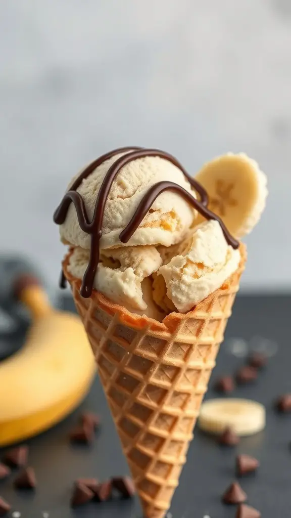 Peanut Butter Banana Ice Cream in a cone with chocolate drizzle