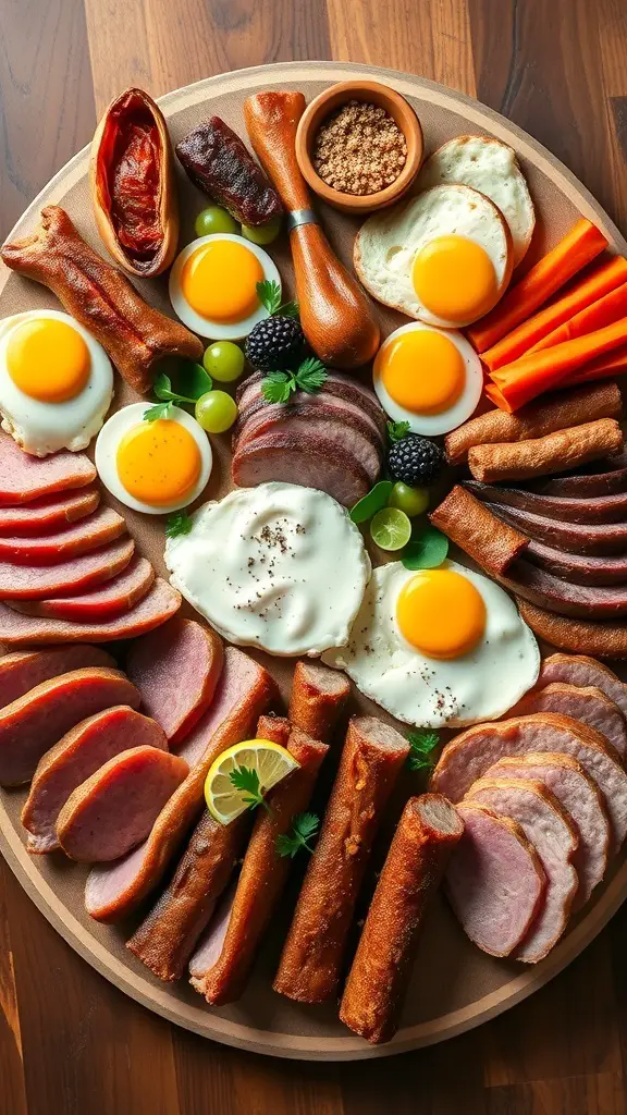 A beautifully arranged carnivore breakfast platter featuring various meats, eggs, and fresh fruits.