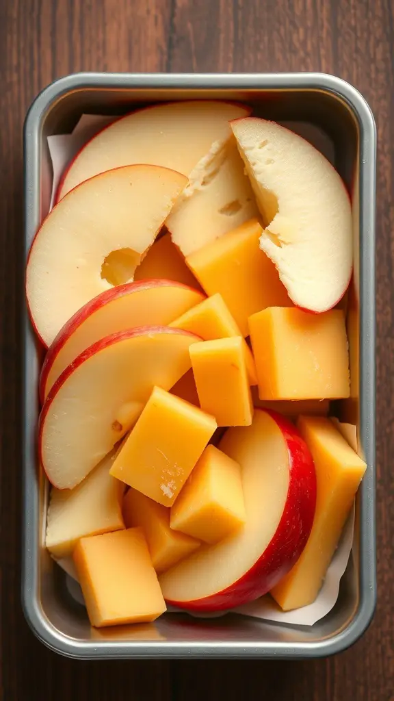 A container with sliced apples and cheddar cheese cubes.