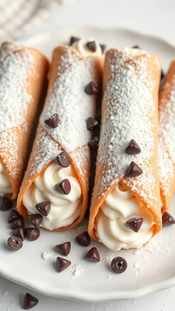 Three cannoli filled with ricotta and topped with powdered sugar and chocolate chips.