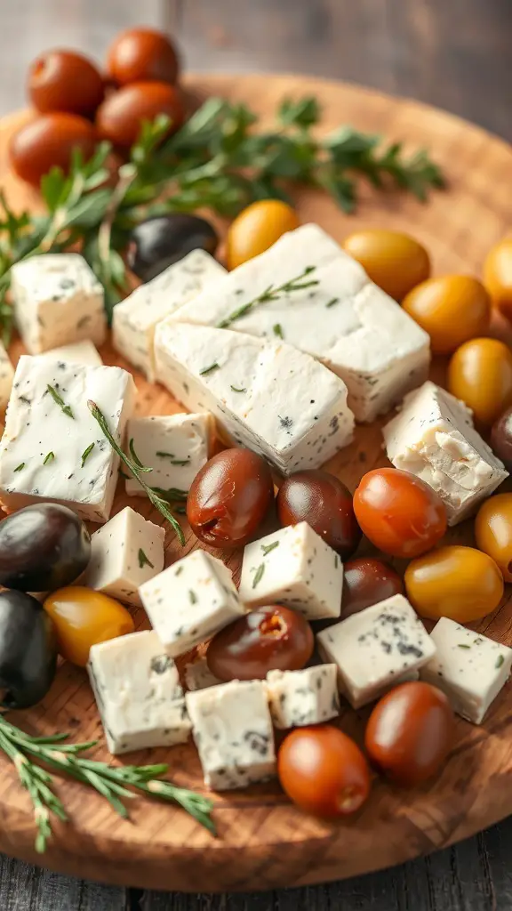 A wooden platter with cubes of feta cheese, assorted olives, and cherry tomatoes garnished with fresh herbs.