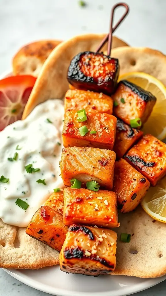 Grilled salmon souvlaki served on pita with yogurt sauce and lemon.