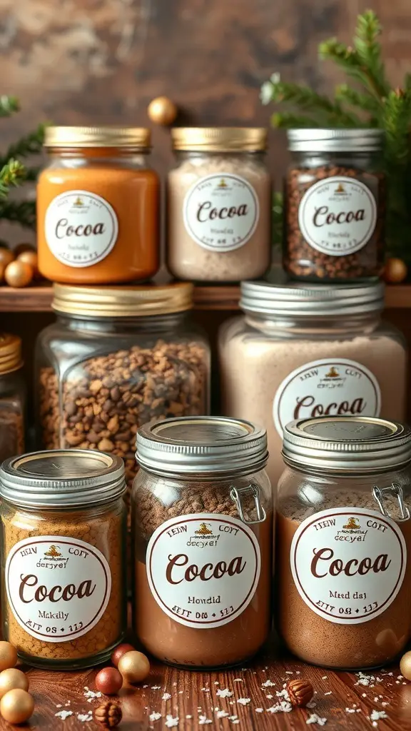 A beautifully arranged hot cocoa bar with various jars of cocoa mixes and festive decorations.
