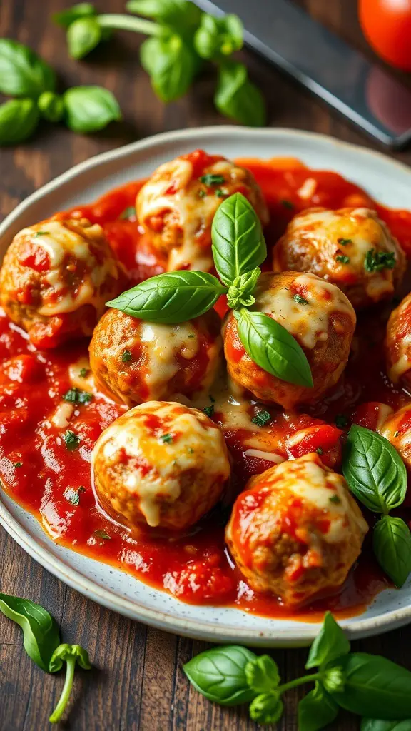 Cheesy keto meatballs in marinara sauce garnished with fresh basil