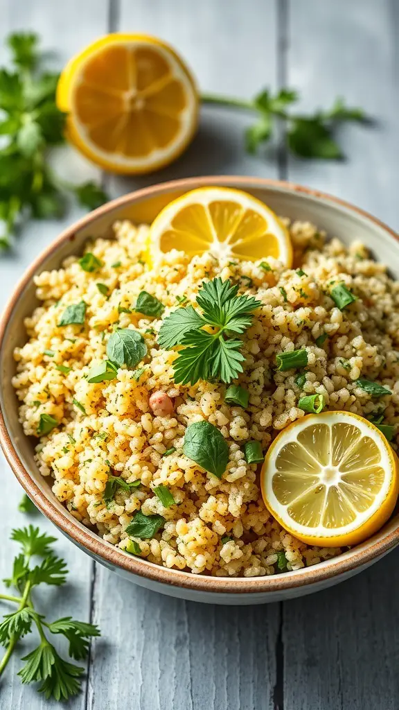 A bowl of lemon herb quinoa salad garnished with lemon slices and fresh herbs.