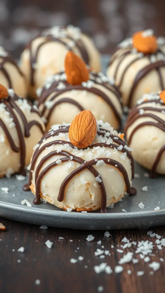 A plate of Almond Joy Coconut Macaroons topped with chocolate drizzle and almonds.