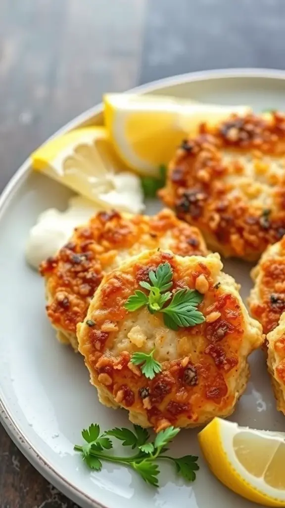 Crispy tuna cakes garnished with herbs and lemon wedges on a plate.