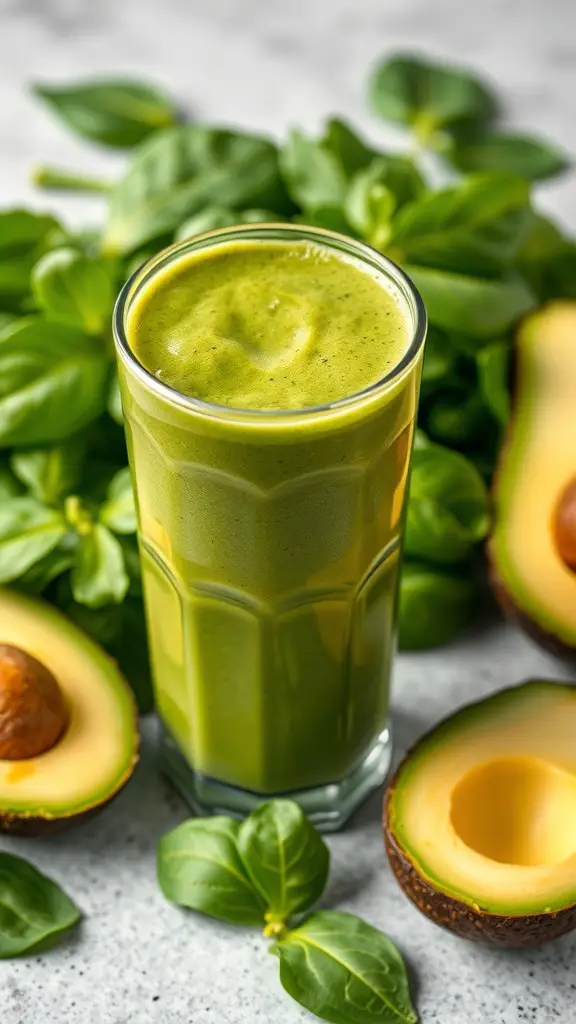 A green spinach and avocado smoothie in a glass, surrounded by fresh spinach and halved avocados.