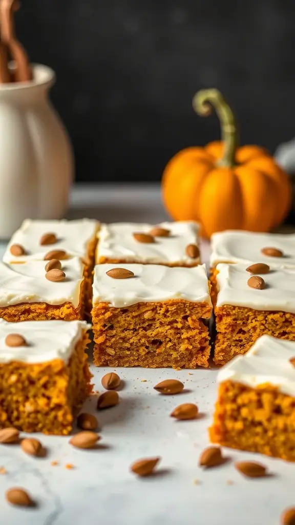 Delicious pumpkin spice bars topped with cream frosting and almonds, with a small pumpkin in the background.
