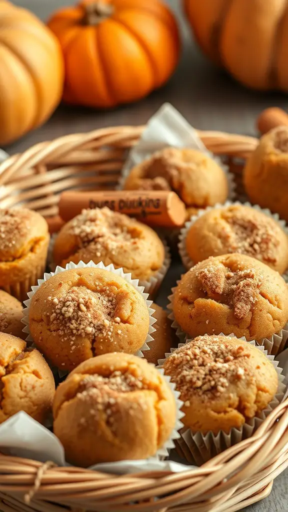 A basket filled with mini pumpkin spice muffins, surrounded by small pumpkins.