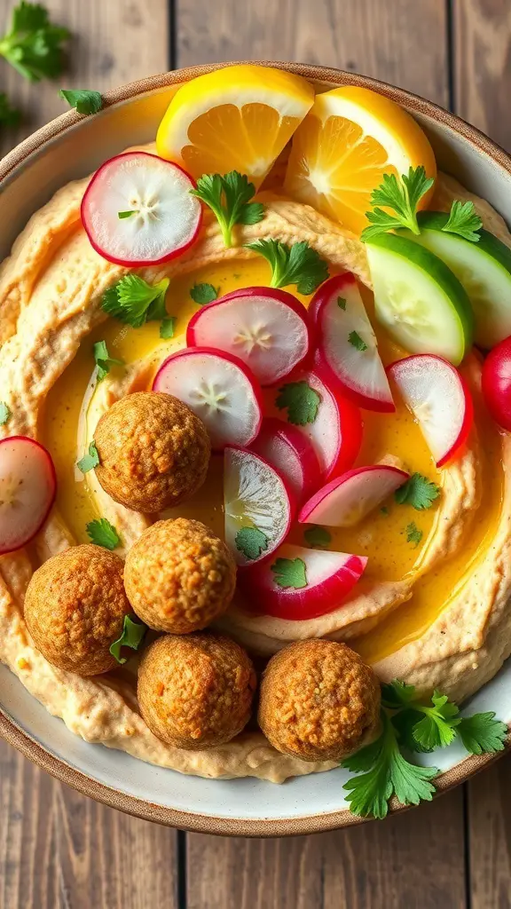 A bowl of falafel and hummus topped with fresh vegetables and lemon slices.