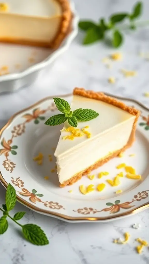 A slice of no-bake lemon cream pie on a decorative plate, garnished with mint leaves and lemon zest.