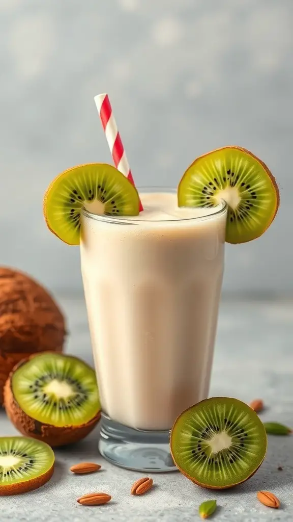 A refreshing kiwi coconut smoothie in a glass with kiwi slices and a striped straw