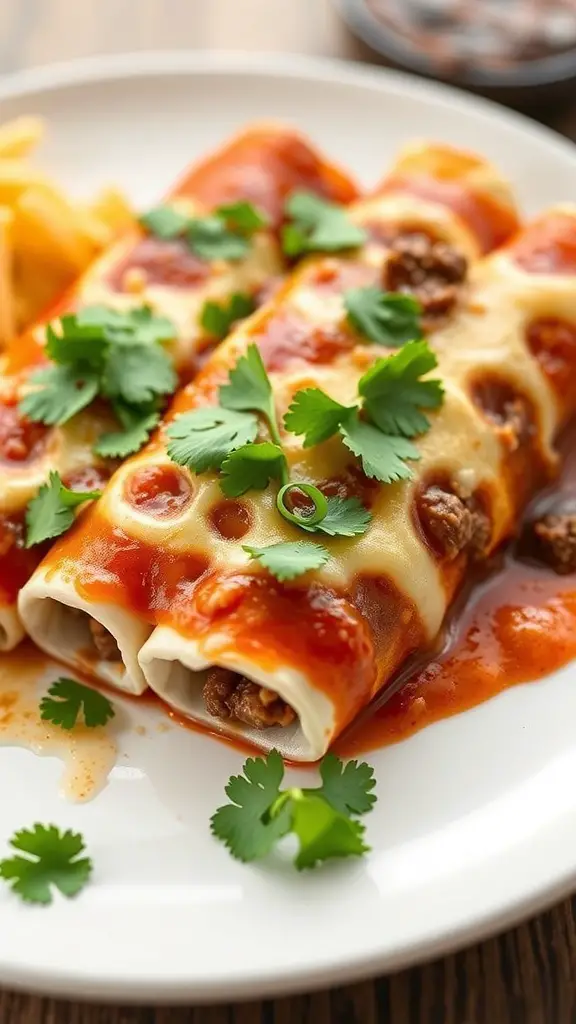 Two keto beef enchiladas topped with cheese and cilantro on a plate