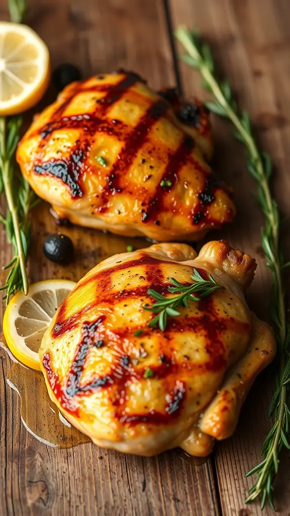 Grilled chicken thighs with lemon and herbs on a wooden table