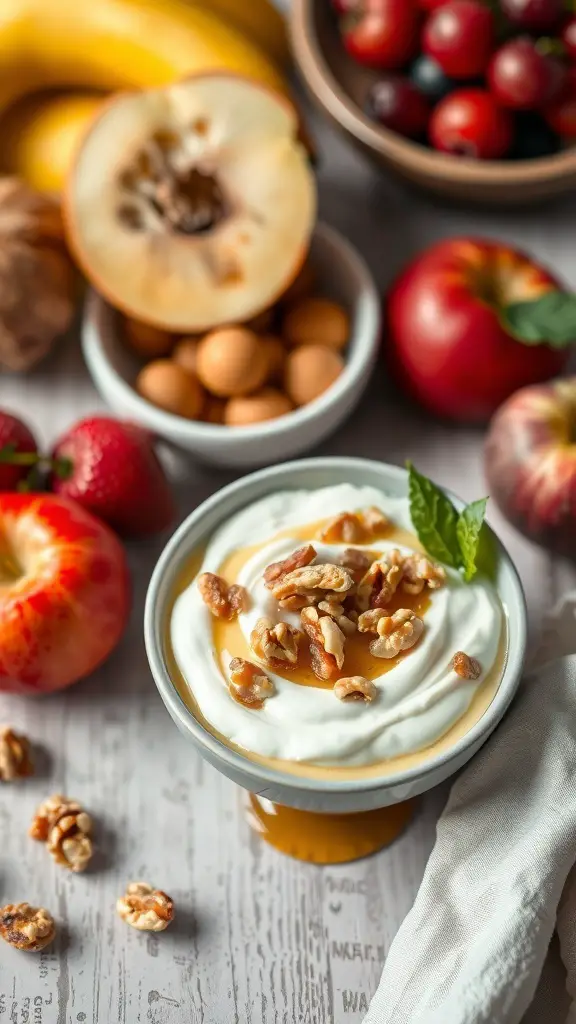A bowl of Greek yogurt topped with honey and walnuts, surrounded by fresh fruits.