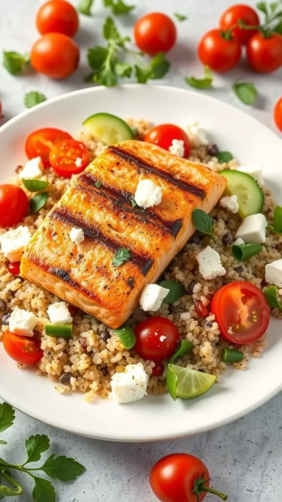 A plate of Mediterranean quinoa salad topped with grilled salmon, cherry tomatoes, cucumbers, and feta cheese.