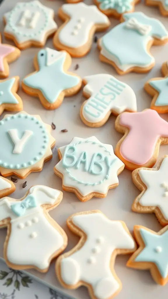 Decorated sugar cookies in baby shower themes, featuring pastel colors and various baby-related shapes.
