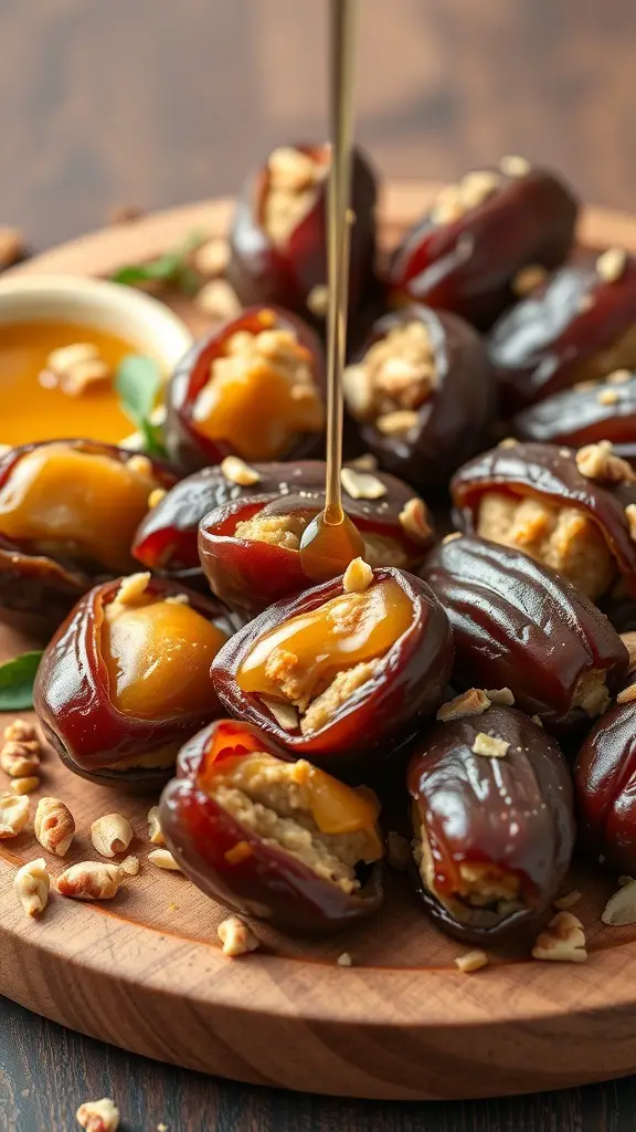 A close-up of sweet and savory stuffed dates drizzled with honey on a wooden platter.