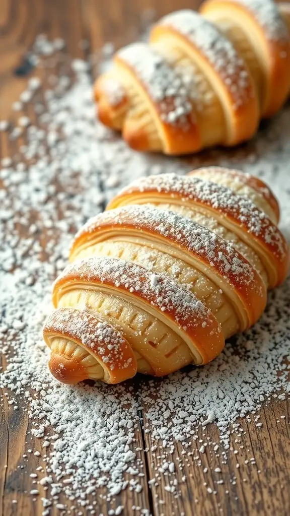 Two sfogliatelle pastries dusted with powdered sugar on a wooden surface.