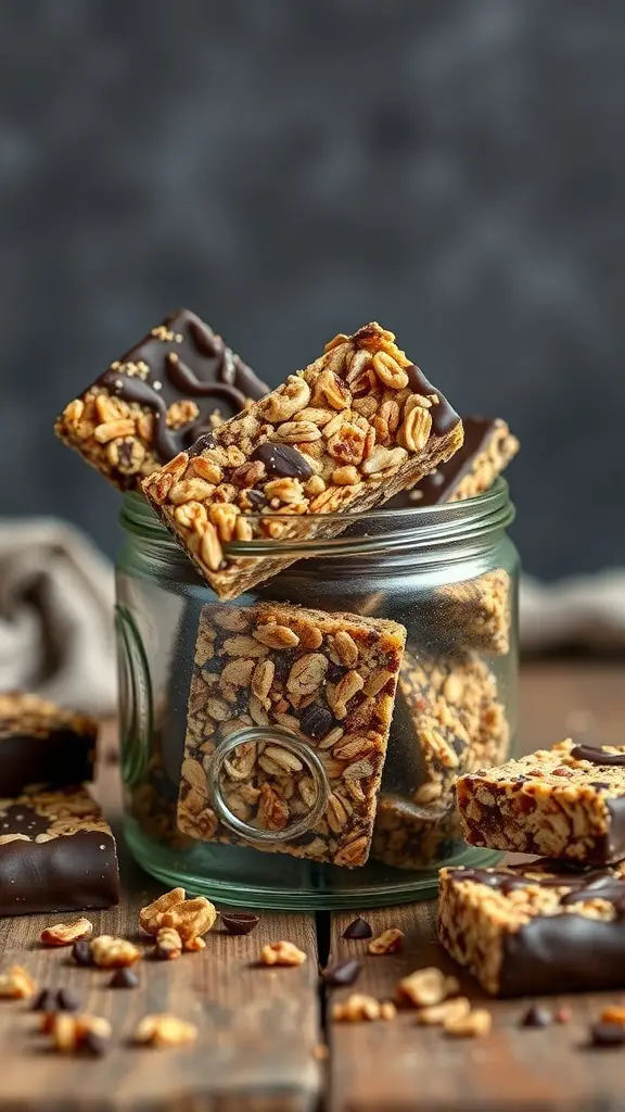 A jar filled with chocolate dipped granola bars, some with chocolate drizzle and chocolate chips, on a wooden surface.