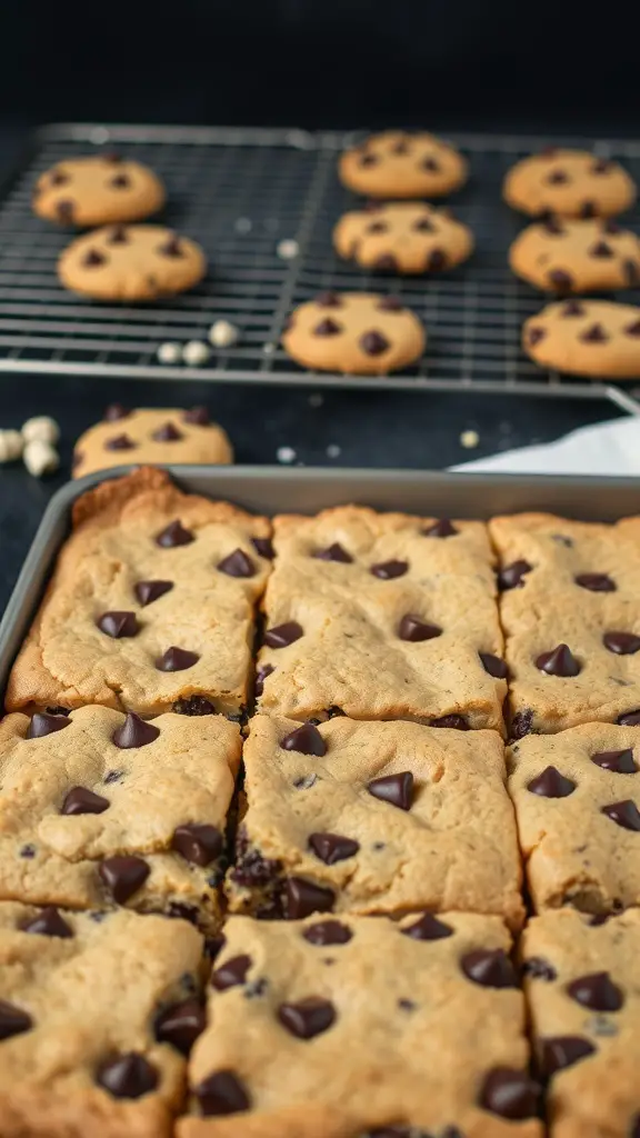 A tray of chocolate chip cookie bars with chocolate chips on top, cooling on a wire rack.