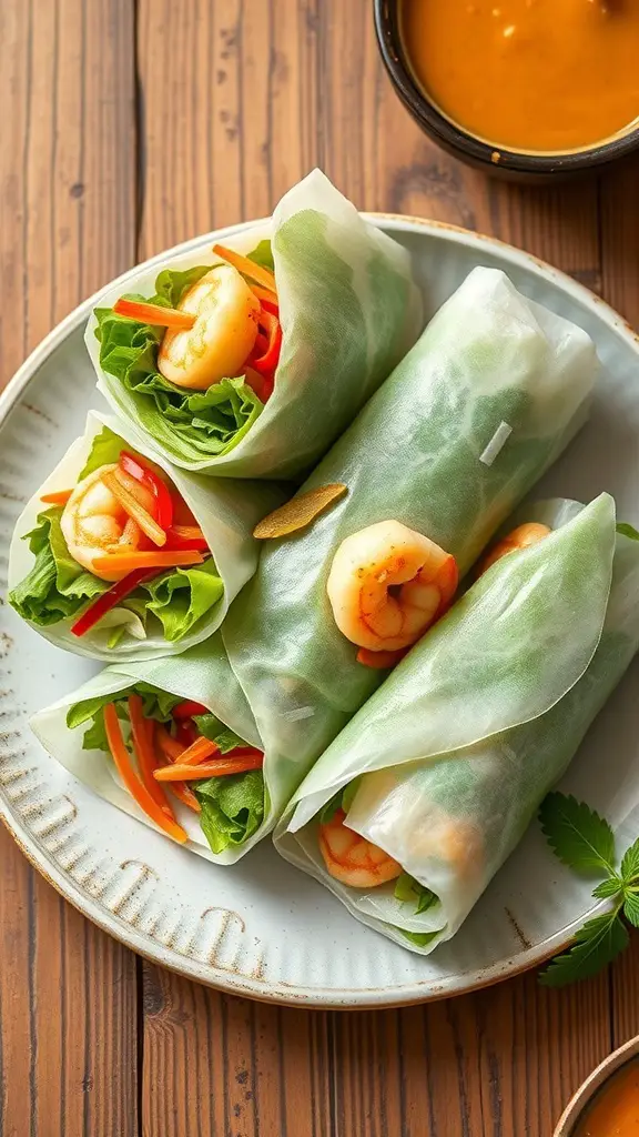 A plate of rice paper rolls filled with shrimp and vegetables, served with peanut sauce.