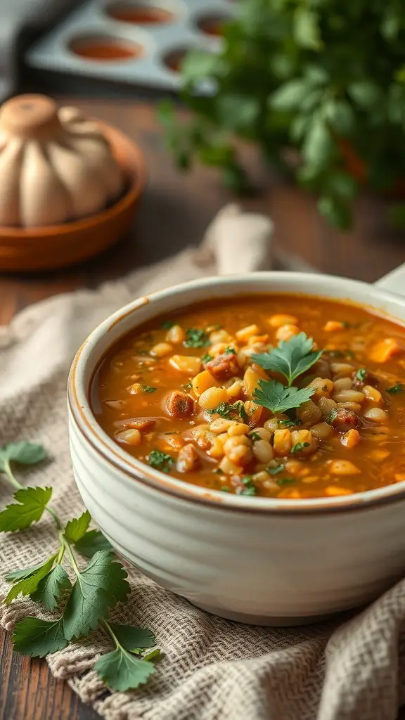 A bowl of lentil soup garnished with cilantro, served on a textured cloth with fresh herbs in the background.