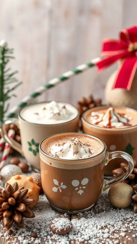 A cozy hot cocoa station featuring three mugs of cocoa with whipped cream, surrounded by festive decorations.
