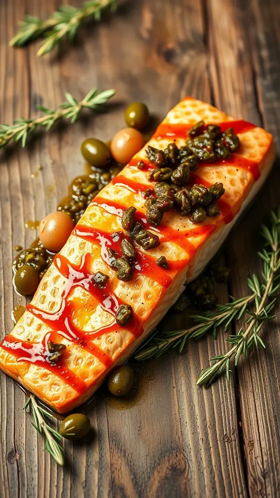 Baked salmon topped with olive tapenade on a wooden surface