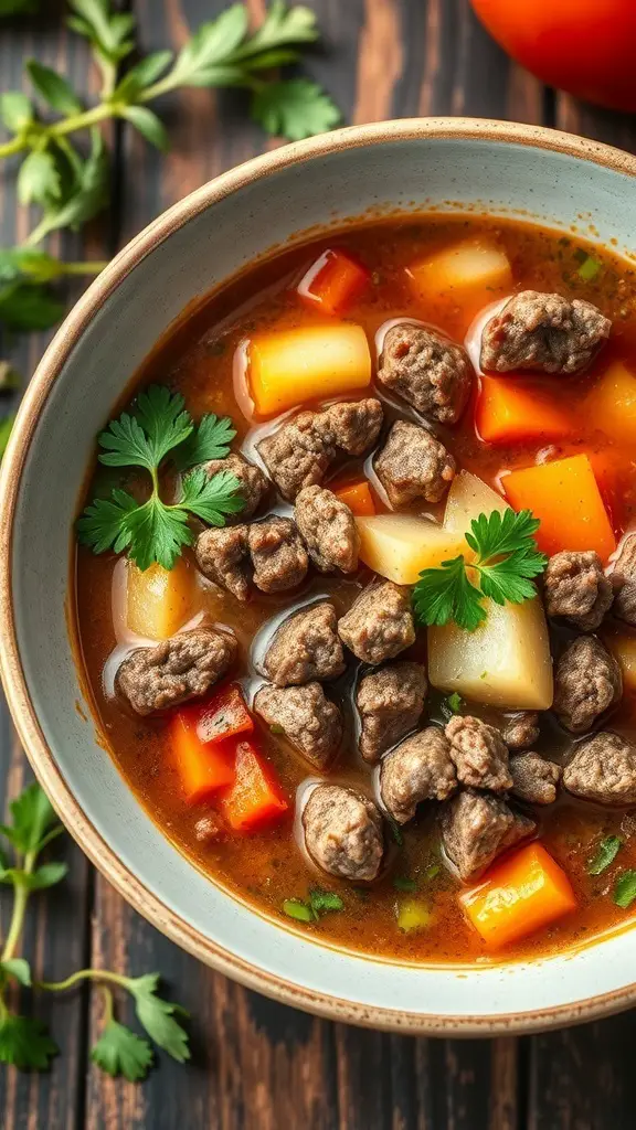 A bowl of keto hamburger soup with ground beef, vegetables, and herbs.