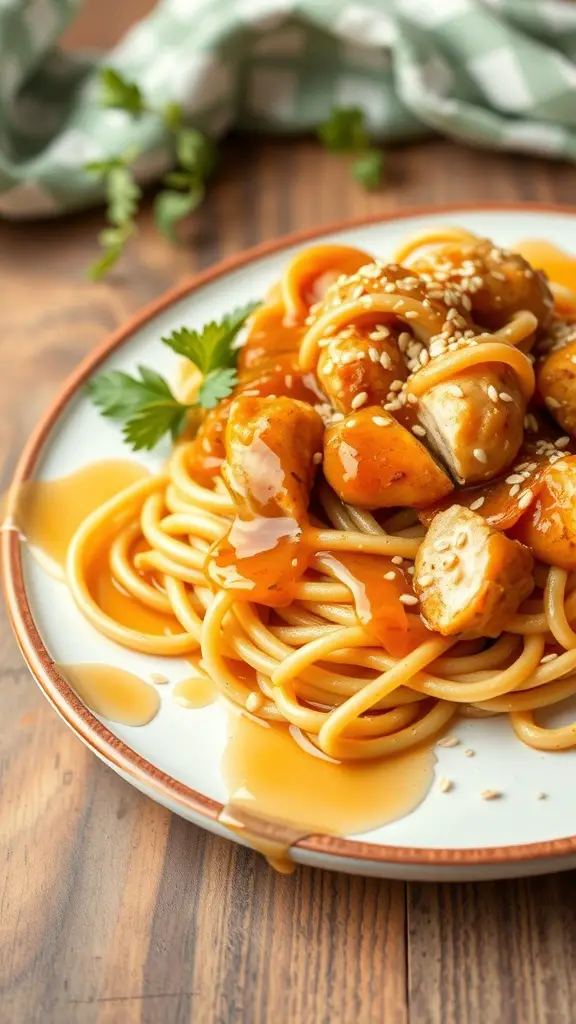 A plate of honey garlic chicken linguine with a glossy sauce and sesame seeds on top.