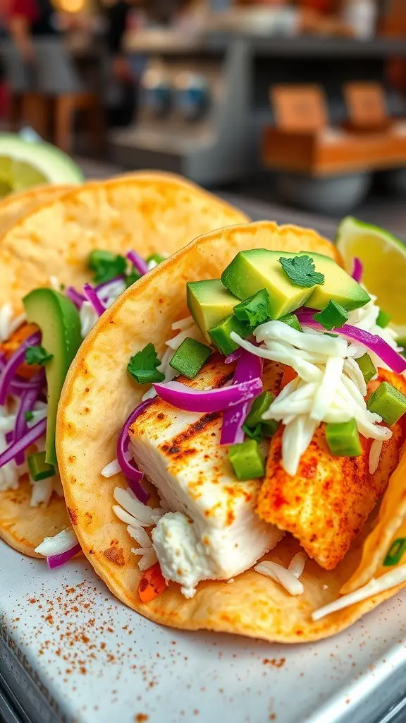 Spicy fish tacos with cabbage slaw, avocado, and colorful toppings