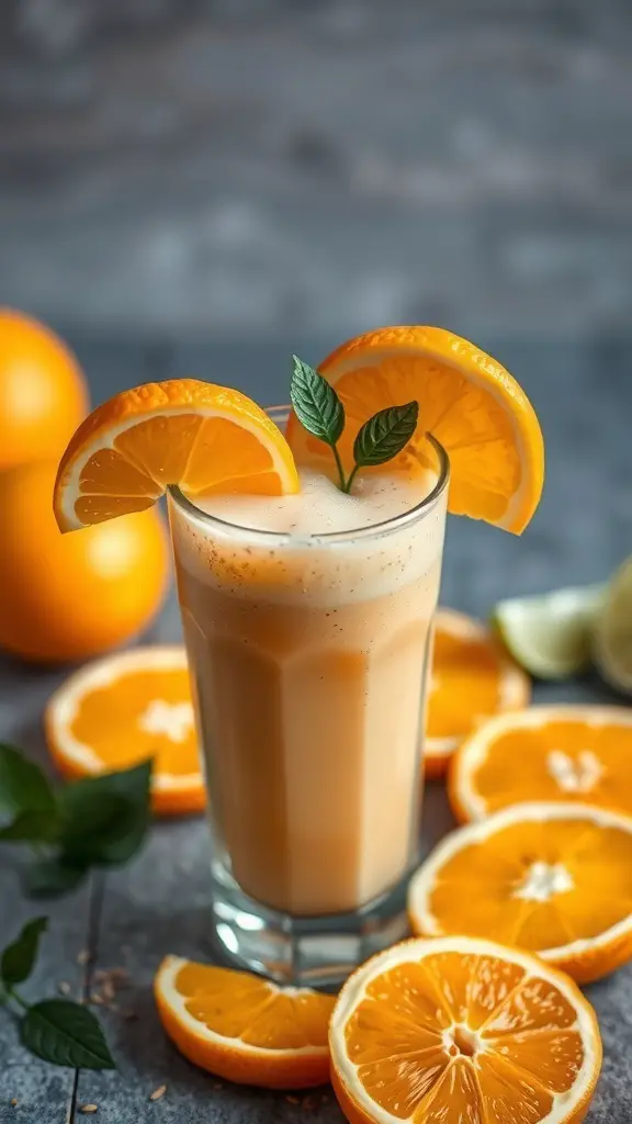 A refreshing citrus smoothie with orange slices and mint leaves, showcasing a vibrant drink.