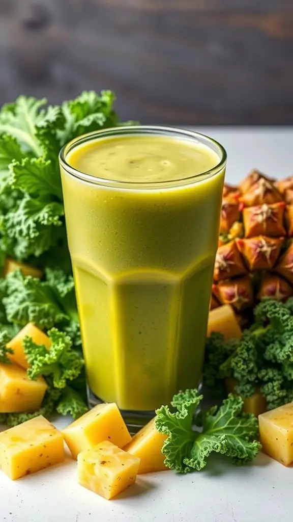 A green smoothie made with kale and pineapple, surrounded by fresh kale leaves and pineapple chunks.